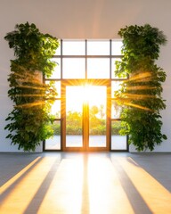 Poster - Biophilic Office Entrance Sunlit Lobby with Living Plant Walls and Glass Doors - Sustainable Design for Modern Urban Workspaces and Eco-Inspired Architectural Solutions
