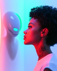 Fototapete - Neon Sci-Fi Aesthetics Black Woman with Glowing Tattoos in Minimalist Futuristic Room - Tech-Infused Design and Inspirational Media Content for Digital Campaigns