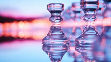 Fototapete - Contemporary Glass Chess Pieces Display Transparent Structures on Reflective Surface - Strategic Leadership Content for Business and Organizational Development Visualization