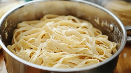 Freshly Made Fettuccine Noodles in Stainless Steel Pot Ready for Cooking and Culinary Creations