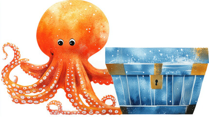 Wall Mural - Under the sea, A curious octopus interacts with an old sunken artifact in a high-fidelity underwater scene.