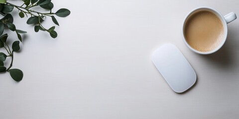 Poster - Minimalist Tech Workspace Aesthetic Sleek Wireless Mouse and Coffee on Smooth Wood - Modern Home Office Motivation and Digital Productivity for Creative Professionals