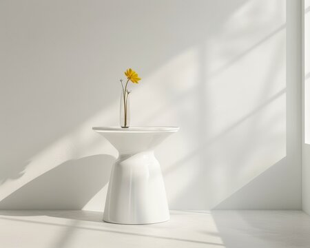 A single yellow flower in a glass vase sits atop a white side table in a minimalist white room with a window casting sunlight