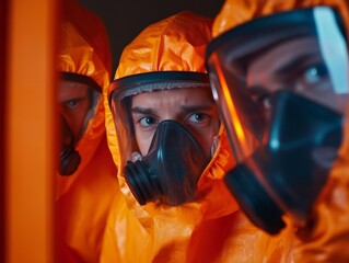 Poster - Cutting-Edge Industrial Safety Diverse Engineers in Hi-Tech Protective Gear Analyzing Equipment; Advanced Hazard Management and Workplace Health Initiatives