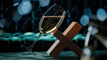Poster - A glass of sparkling champagne rests on a wooden cross, creating a sophisticated and elegant image.
