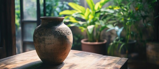 Sticker - Antique clay water jar on wooden table with lush green plant background in a serene indoor setting