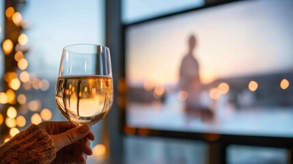 Aufkleber - Contemporary Hybrid Event Glass Toast with Virtual Colleagues on Large Screen in Stylish Office - Enhancing Connection and Productivity in Modern Corporate Culture