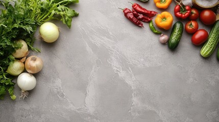 Wall Mural - Overhead view of fresh summer vegetables including onions tomatoes peppers and cucumbers on a gray kitchen workspace for cooking backdrop