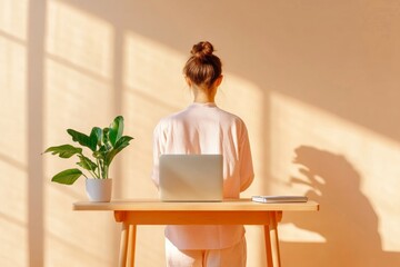 Leinwandbilder - Modern Minimalist Workspace Young Professional in Bright, Decluttered Room with Wooden Desk and Tech Setup for Enhanced Productivity - Remote Work and Wellness Focused Design