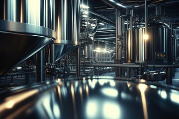 Poster - Exploring Modern Industrial Brewery: Stainless Steel Tanks & Pipelines Shine Brightly in this Facility