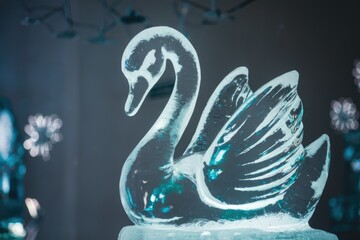 Poster - An exquisitely carved ice swan, a symbol of grace and elegance, beautifully illuminated.