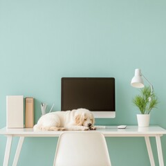 Poster - Cozy Minimalism in Pet-Friendly Workspaces Sleeping Dog Under Desk with Computer - Promoting Work-Life Balance and Modern Office Wellbeing Aesthetics
