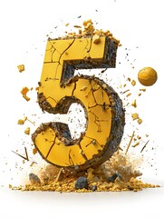 Poster - Dramatic Shattered Golden Number 5 Shape with Explosive Fragments Dynamic Liquid Splashes and Cracked Texture  Abstract 3D Representing Destruction Demolition Collapse or Milestone Achievement