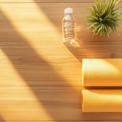 Aufkleber - Scandinavian Minimalist Fitness Setup Yoga Mat and Hydration on Earthy Wood - Digital Wellness and Home Exercise Innovation for Modern Lifestyle Enthusiasts