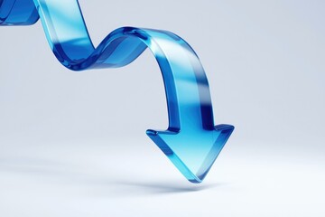 Poster - A 3D rendered blue glass arrow curving downwards, symbolizing decline or decrease.