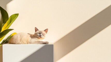Poster - Lux Minimalist Pet Portrait Ivory Cat on Modern White Stand with Sharp Sunlight - Premium Decor for Social Media Branding and Luxe Home Aesthetic