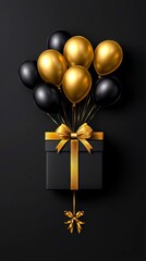 Wall Mural - Black and Gold Gift Box with Balloons