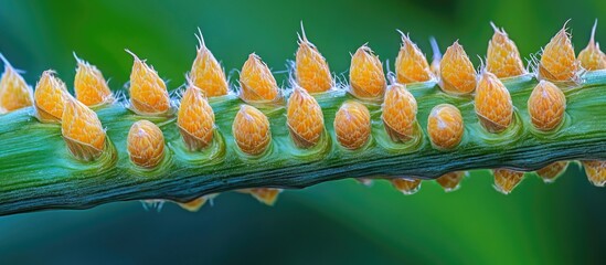 Sticker - Close-up of vibrant palm stem textures showcasing natural patterns and bright yellow fruiting bodies against a soft green background.