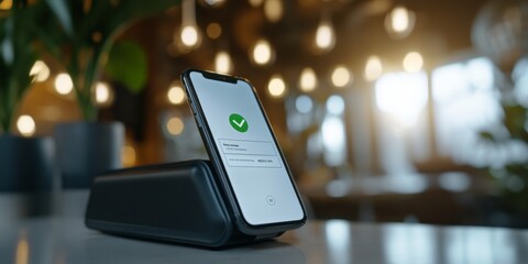 Aufkleber - Sleek Mobile Payment Screen with Green Checkmark Over Modern Terminal - Fintech Innovations and Cashless Solutions in Trendy Cafe Environment