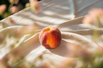 Poster - A ripe peach rests on a beige linen fabric, bathed in sunlight, with blurred flowers in the foreground and background.