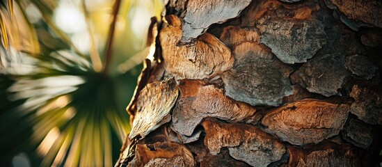 Sticker - Palm tree bark texture close-up showcasing natural patterns and fibers in sunlight highlighting organic beauty and tropical aesthetics.