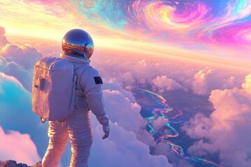 Aufkleber - Futuristic Alien Landscape Astronaut in High-Tech Suit Overlooking Vibrant Valley with Auroras - Sci-Fi Concept Art for Modern Exploration and Climate Impact Narratives