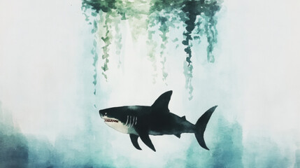 Wall Mural - Under the sea, A high-fidelity image of a prehistoric megalodon shark swimming through water, showcasing its massive size and power.