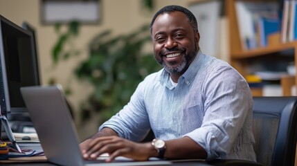 Aufkleber - Sitting at a well-organized desk, a cheerful man engages with his laptop, showcasing a big smile that radiates positivity
