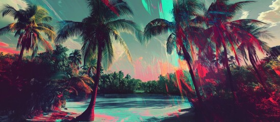 Tropical Forest with Palm Trees in Vibrant Glitch Art Style Colorful Abstract Landscape Digital Artwork