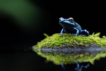Aufkleber - Biophilic Design in Eco-Marketing Vibrant Blue Poison Dart Frog on Moss Rock in Rainforest Pond - Sustainable Practices for Conservation Awareness and Educational Content