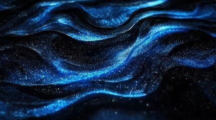 Wall Mural - Glowing blue particle waves flow in dark space, digital art background