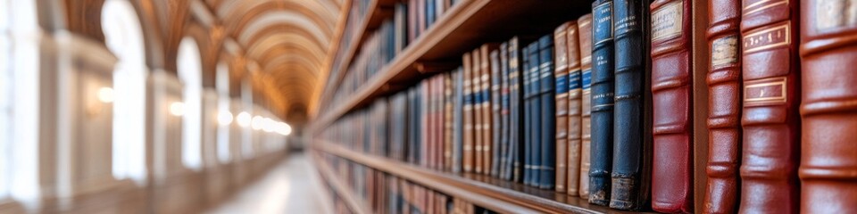 Poster - Classic Academic Library Aesthetic Towering Wooden Bookshelves with Leather-Bound Volumes - Premium Educational Content and Heritage-Inspired Space Design for Literary Institutions