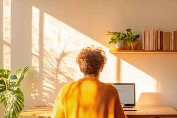 Poster - Minimalist Urban Home Office Young Professional at Wooden Desk with Greenery and Laptop - Modern Workspace Aesthetic for Remote Work and Real Estate Development