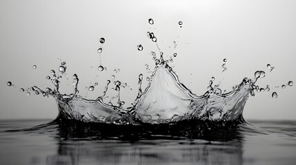 Poster - Powerful water splash with dramatic droplet dynamics creating an energetic and fluid motion in a monochrome minimalist backdrop