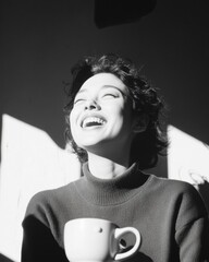 Aufkleber - Monochrome Office Joy Female Coworker Laughing with Coffee Mug in Dramatic Light - Engaging Content for Business Well-being and Modern Workspace Creativity