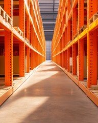 Aufkleber - Sleek Industrial Warehouse Aesthetic Orange Metal Shelving with Sunlit Aisle - Modern Logistics Content and Efficient Storage Solutions in Supply Chain Optimization