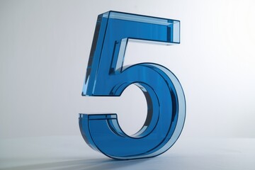 Poster - A translucent blue glass number five, rendered in 3D, stands against a white background.