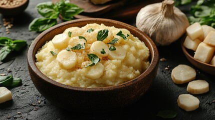 Wall Mural - Traditional Brazilian Tapioca Dish with Mashed Cassava Garnished with Herbs in Rustic Bowl Surrounded by Ingredients and Herbs