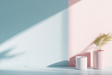 Aufkleber - Minimalist Workspace Vibes Soft Pastel Backdrop with Modern Ceramic Mug and Plant Calm Productivity Boost for Contemporary Offices and Remote Workspaces