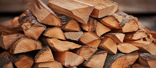 Poster - Cut wood stack close-up natural background texture for rustic design and landscaping projects