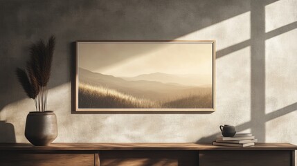 Poster - Elegant Mockup of Plastic-Free Picture Frame Displaying a Scenic Natural Landscape in a Warm Indoor Setting