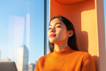 Aufkleber - Sunlit Urban Workspace Young Professional in Modern Phone Booth with City View - Remote Work Culture and Business Flexibility Stock Content for Tech and Digital Marketing