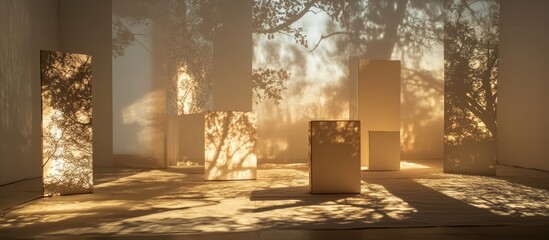 Poster - Artistic installation featuring light textures and silhouettes casting intricate shadows on surfaces in a serene gallery setting.