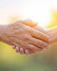 Poster - Warm Aesthetic Elder and Younger Hands Connecting Outdoors - Intergenerational Healthcare Visual for Human Connection in Medical Marketing
