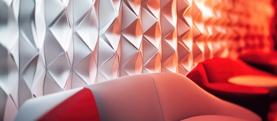 Poster - Geometric textured wallpaper in white and red tones ideal for modern interior design backgrounds and stylish decor inspiration.