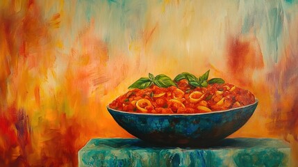 Wall Mural - Colorful Still Life of Pasta with Tomato Sauce and Fresh Basil in a Bowl Against an Abstract Background