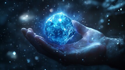 Wall Mural - A luminous blue crystal rests on an open palm against a dark cosmic background