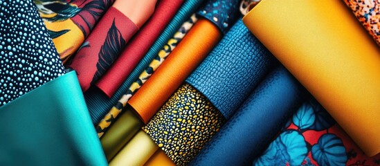 Poster - Vibrant textile patterns showcasing a variety of colorful fabrics stacked aesthetically for fashion and design projects.