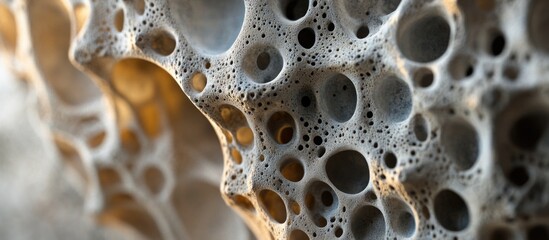 Poster - Textured surface of porous stone showcasing natural cavities and irregular patterns in earthy tones for geological or design contexts.