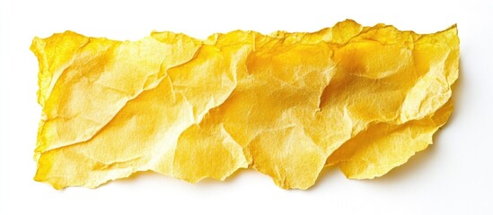 Poster - Worn texture of crumpled yellow paper sheet isolated on white background for artistic or design purposes.